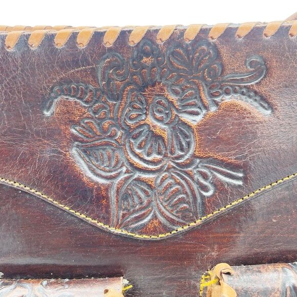 Vintage Tooled Leather Purse Brown Shoulder Bag Western Boho Saddlestitch - Picture 10 of 16